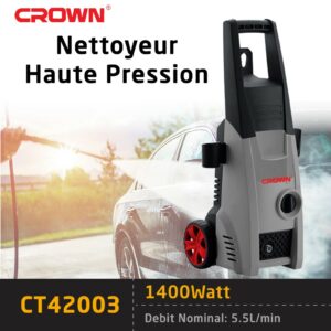 آلة التنظيف بالضغط العالي الأصلية من كراون مع عجلات و مقبض لتحريكها بسهولة CROWN Nettoyeur Haute Pression 1400W 5.5L/min